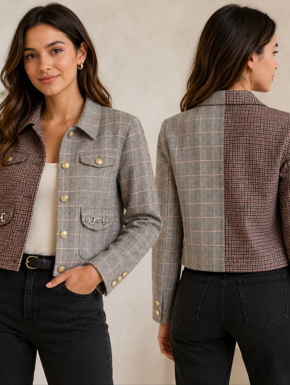 7 For All Mankind Mixed Plaid Cropped Jacket Size M Academia • Preppy • Equestri